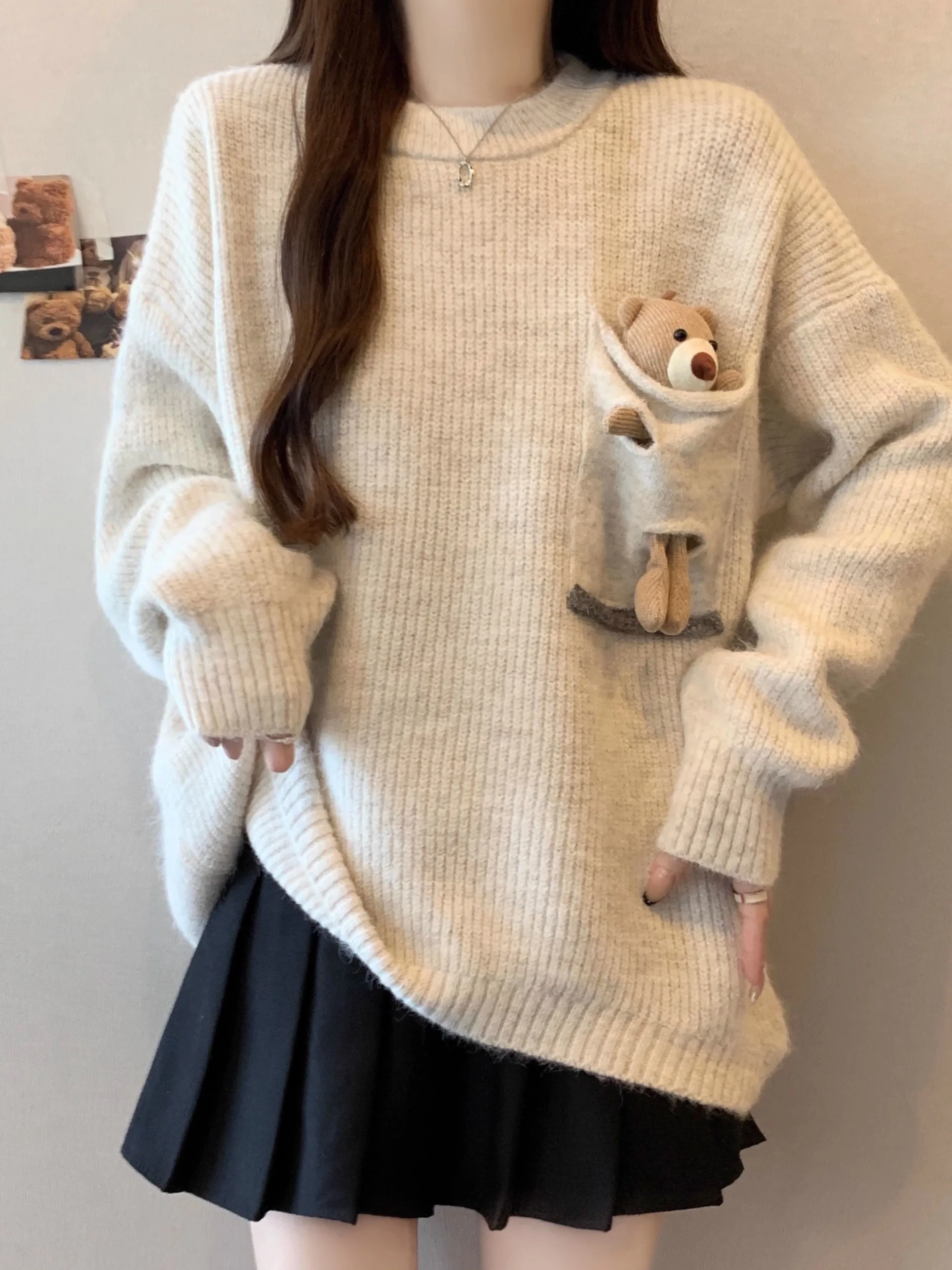 

Мягкий уютный длинный вязаный свитер светя, женский большой размер, ленивый Sle Bear, 3D украшение, осенне-зимний топ, модный повседневный модный