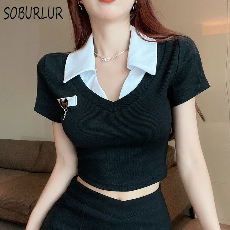 

SOBURLUR Contrasting colors Polo Neck Short Sleeve Women's T-shirt Summer Chic Slim Ins Style Short Tops Girls Clothes Casual