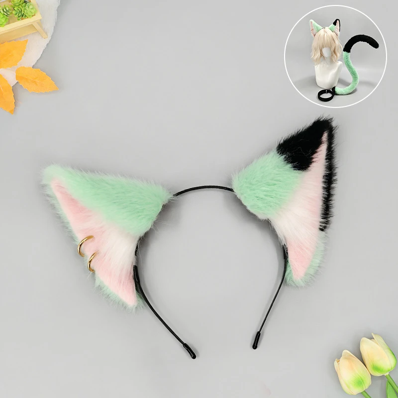 Anime YaniNeko Chainsmoker Cat Cosplay Headwear Plush Fursuit Furry Tail Beast Ears Hair Hoop Headband Hairband Accessory Prop