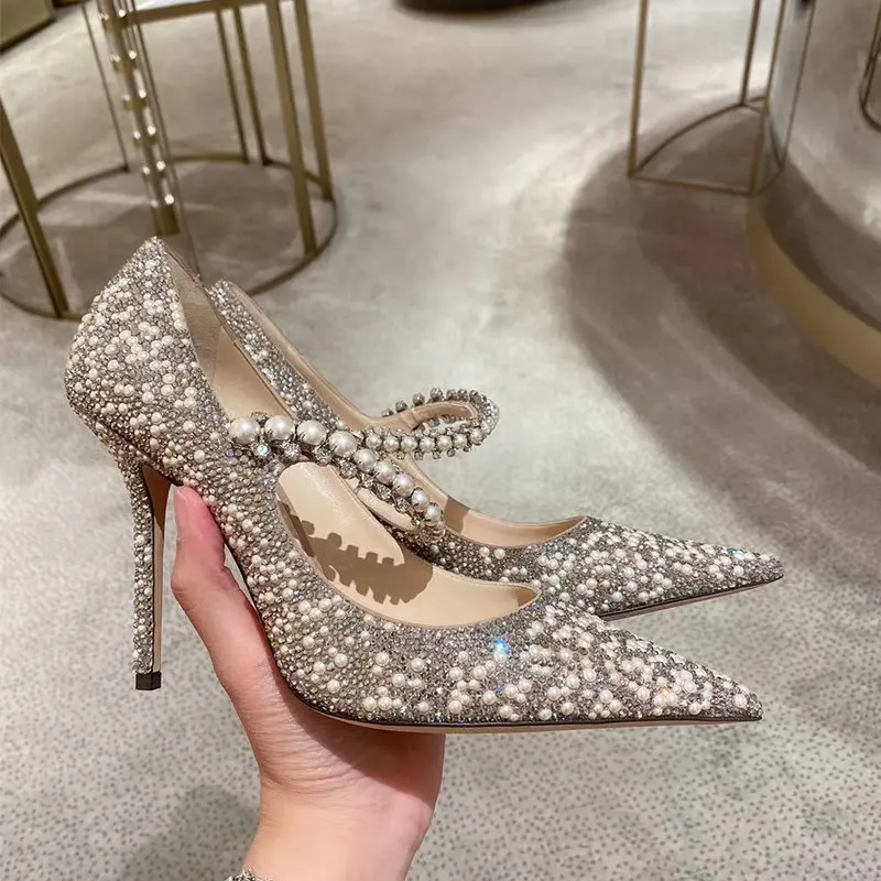 Zapatos de tacón con purpurina brillante para mujer, zapatos de tacón alto con diamantes de imitación, tacones finos brillantes, zapatos de fiesta de boda 2024