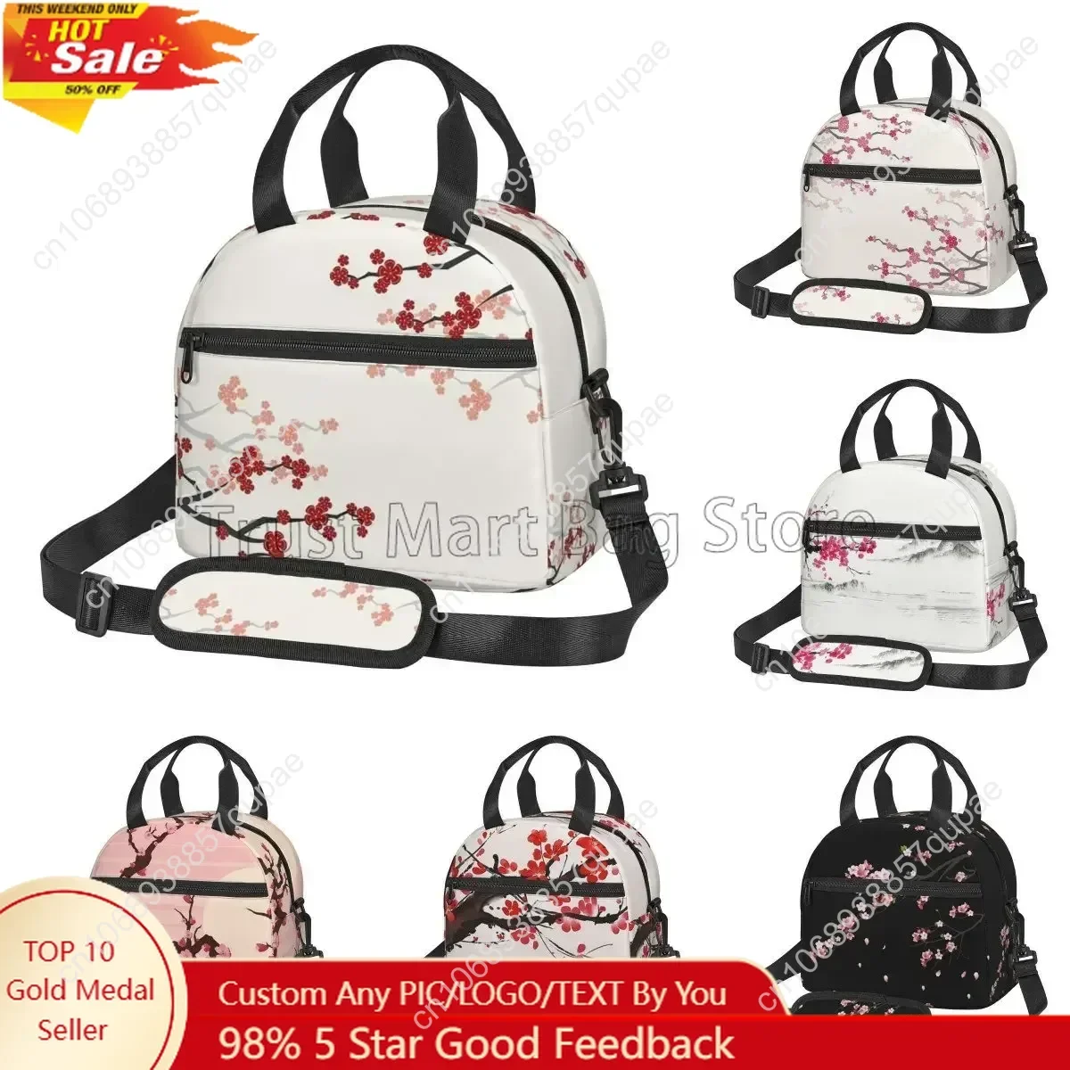 

Japanese Sakura Cherry Blossoms Insulated Lunch Bags for Women Girls Resuable Thermal Cooler Bento Box for Work School Picnic