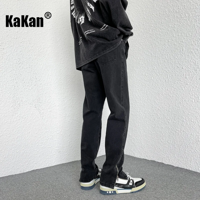 Kakan - New Side Split Street Jeans, Zippered Men's Buckle Straight Conduit Long Jeans K29-N693