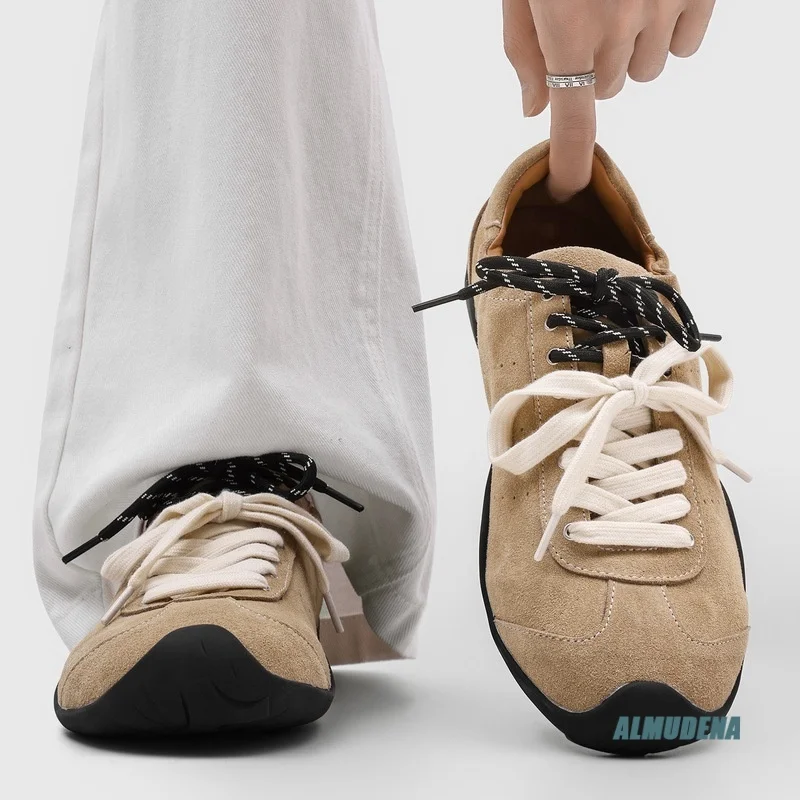 Beige Suede Low-Top Casual Sneakers Men's Round Toe Double Laces Street Style Trendy Non-Slip Minimalist Versatile Shoes