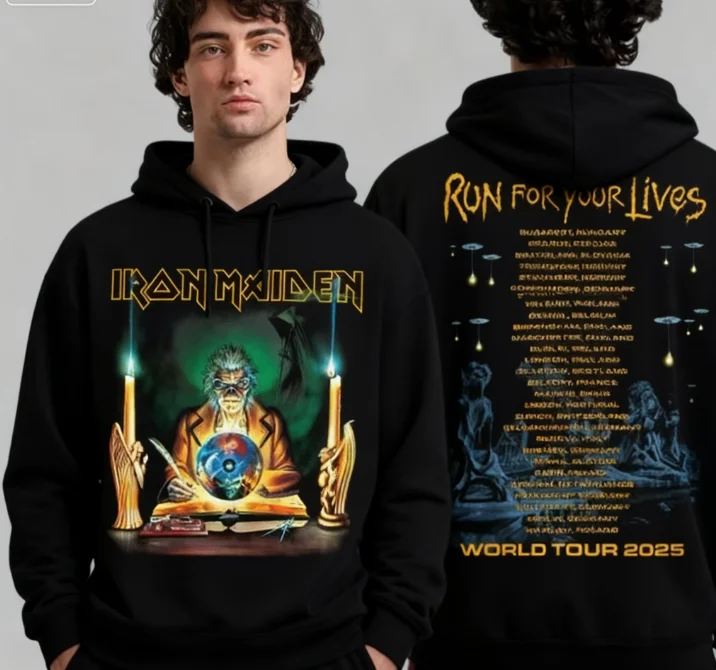 سترة Iron Maiden 2026 Run for Your Lives World Tour للذكور والإناث ذات قلنسوة تذكارية على الوجهين