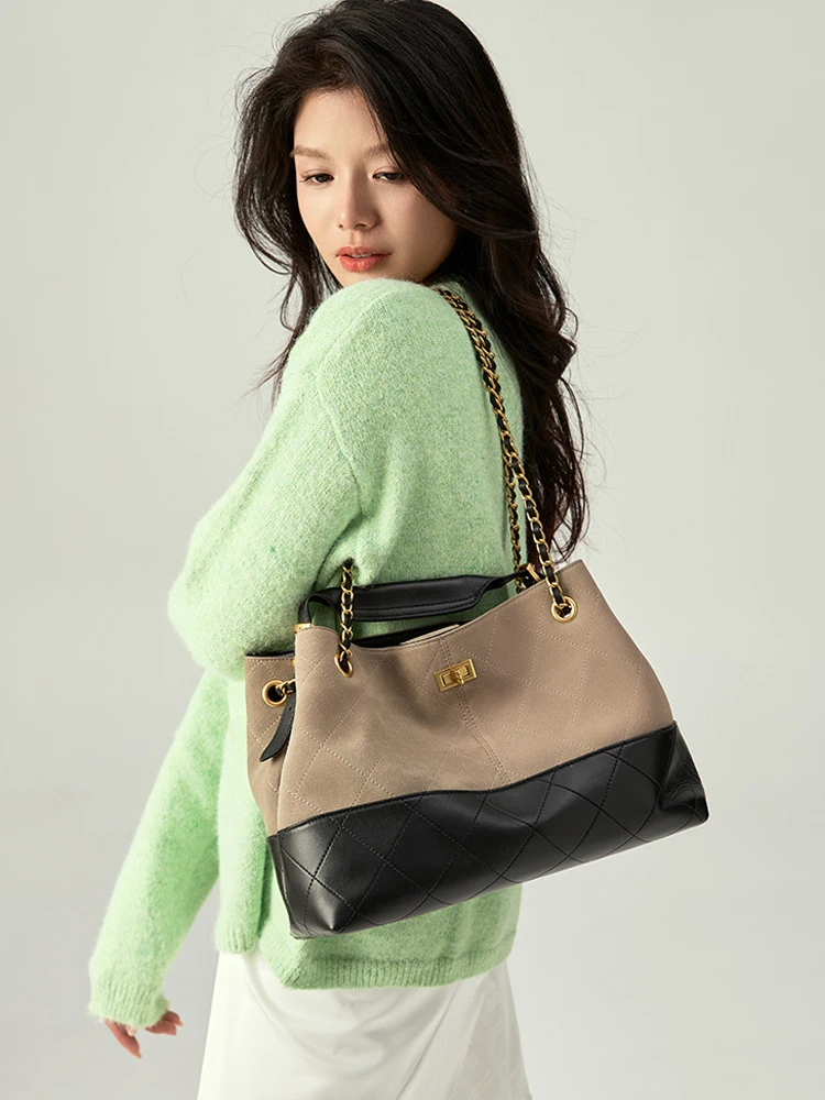 

Autumn and winter large-capacity shoulder bag, classic vintage suede spliced diamond check chain commuter leather women's bag