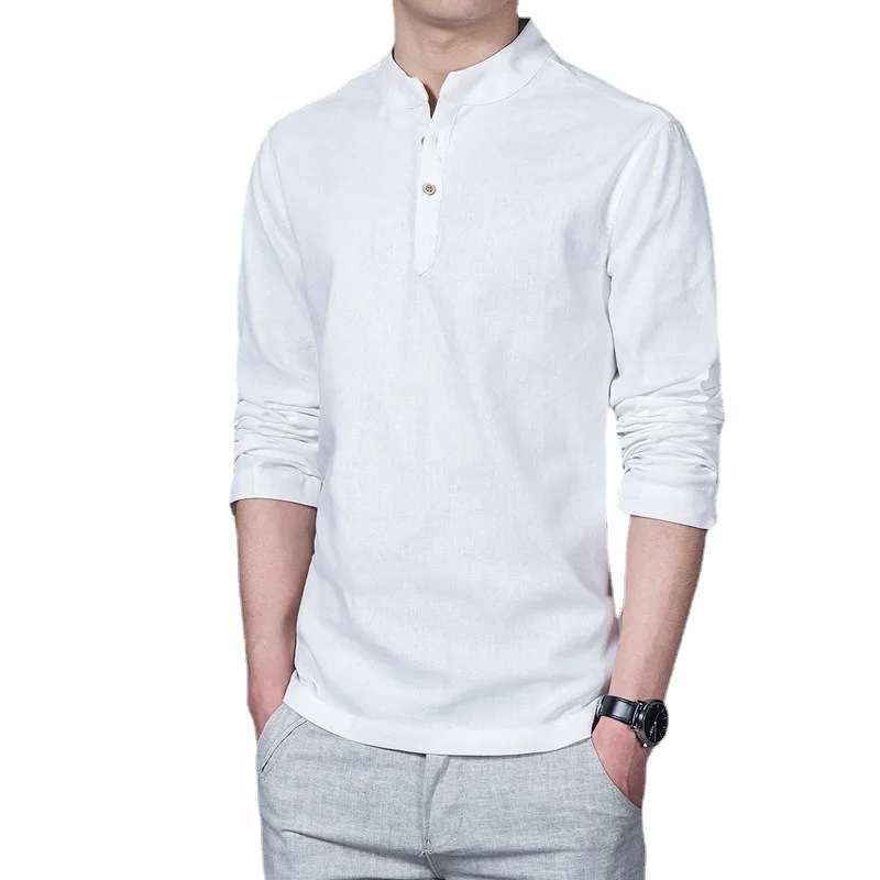 Men's Shirt New Fashionable Solid Color Simple Long-sleeved Bottoming Shirt Large Size Men's Cotton and Linen Shirt