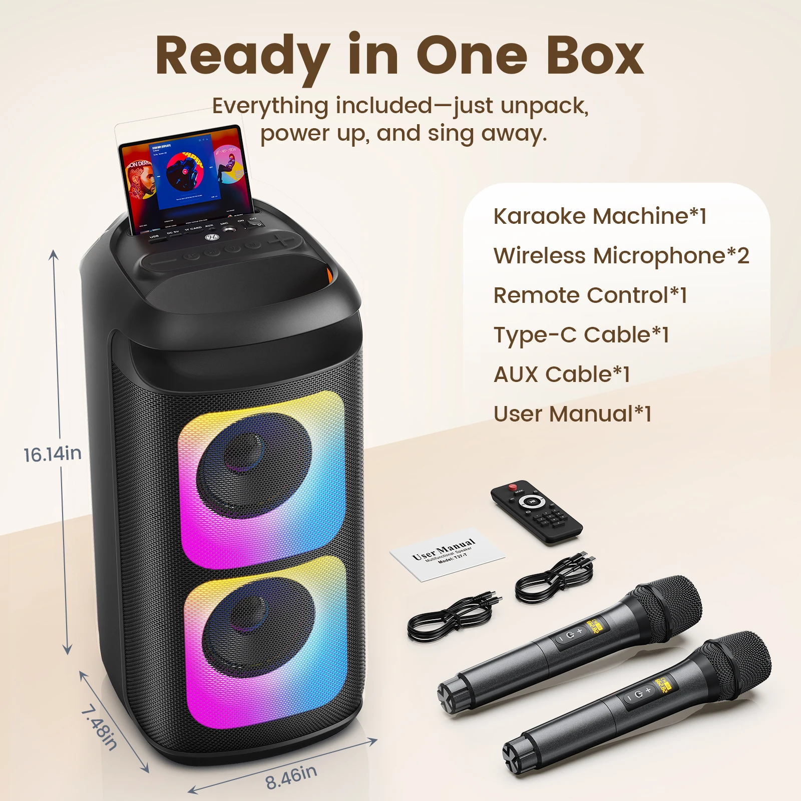 آلة الكاريوكي T37 مع 2 ميكروفونات لاسلكية، وأضواء LED، وصوت ثلاثي الأبعاد، والتحكم في الصدى، ودعم التلفزيون/USB/AUX/TF للحفلات المنزلية