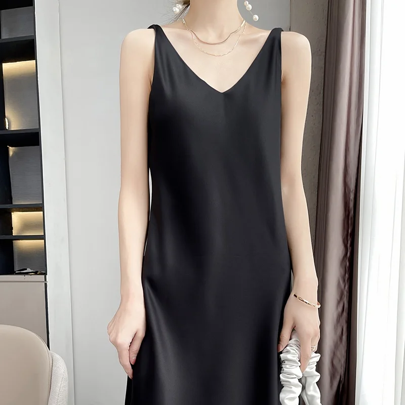 Envoltório de cetim de seda Dr feminino verão novo Sle V-ne Svel A-line Midi Dr cintura alta camada base de cor pura