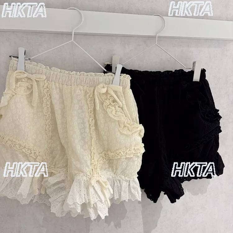 Japanese 2026 Autumn Lolita Cute Ruffle Lace Bow Pleated Pumpkin Shorts Female Sweet Kawaii Loose Fluffy Leggings Shorts Women