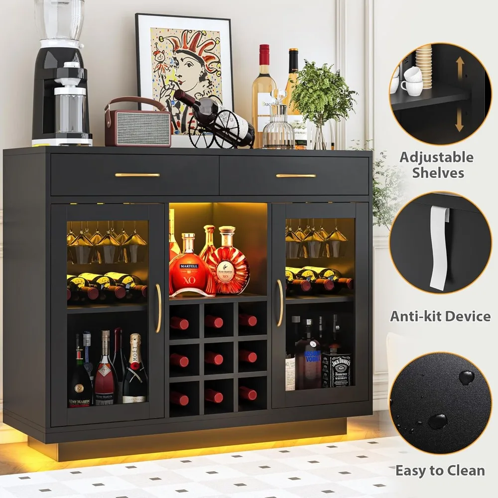 Armário elegante para bar de vinho com luzes LED e cafeteira - Buffet de licor preto e cozinha