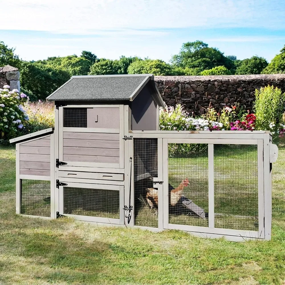 

81in Mobile Chicken Coop Multi-Level Hen House, Wooden Poultry Cage for 3-5 Chickens, Outdoor Animal Cage w/Wheels, 4 Doors- UV