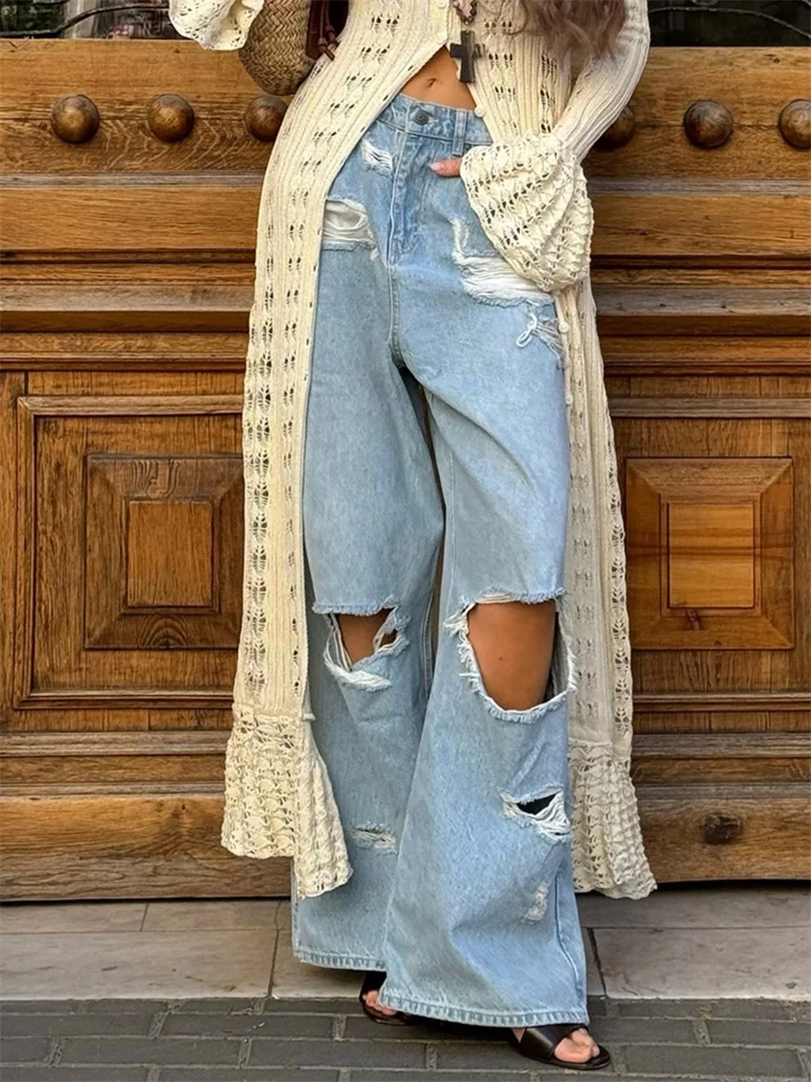 wsevypo Fashion Holes Ripped Loose Denim Pants Spring Fall Casual Jeans Bottoms Baggy Long Trousers for Harajuku Streetwear