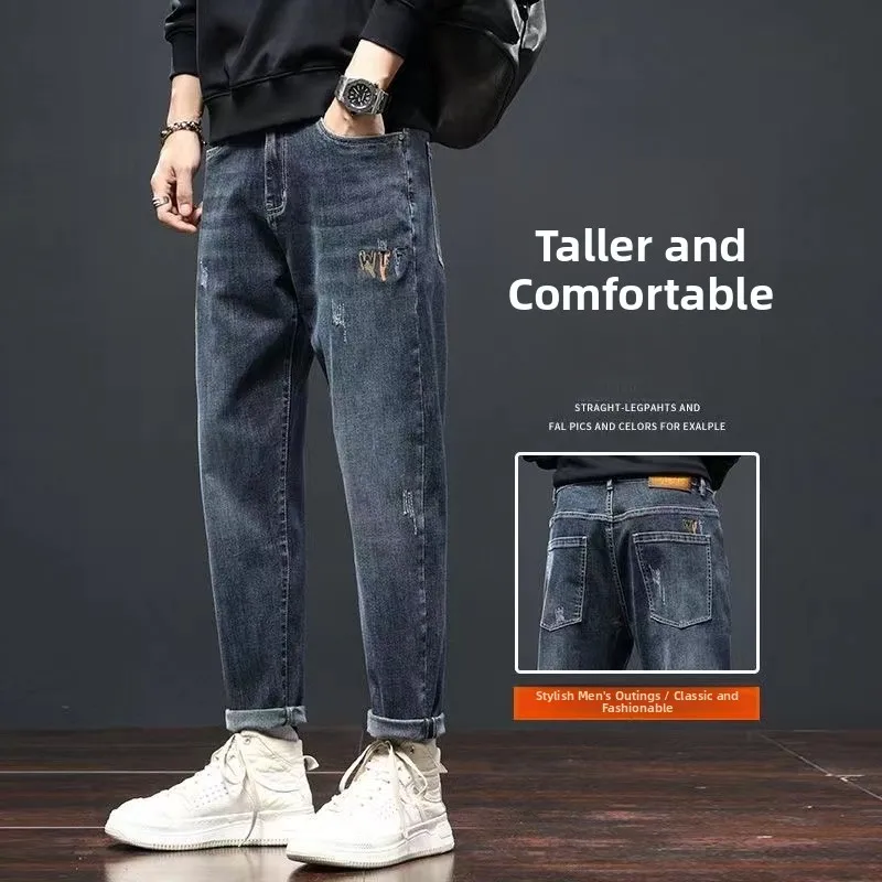 

Модные повседневные джинсы с вышивкой букв, мужские свободные прямые брюки на резинке, корейские стильные модные длинные брюки