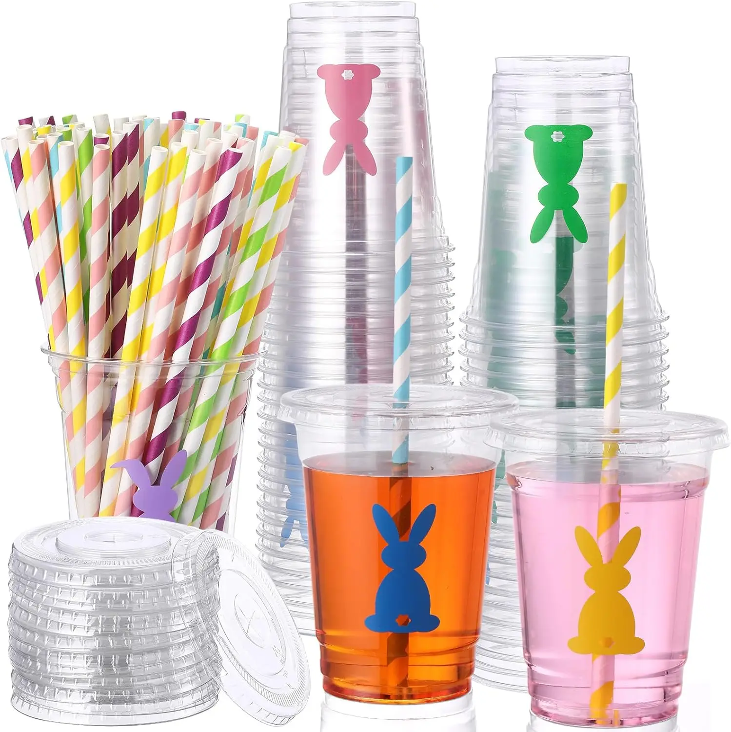 

50 Pcs 12 oz Easter Bunny Plastic Cups with Lids and Straws, Spring Easter Plastic Beverage Drinking Cups for Cocktail H