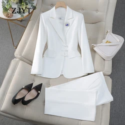 ZJYT Business Chic Ladies White Blazer Pants Sets for Women 2 Pieces Women's Suits Autumn Elegant Office Work Outfit Trousers