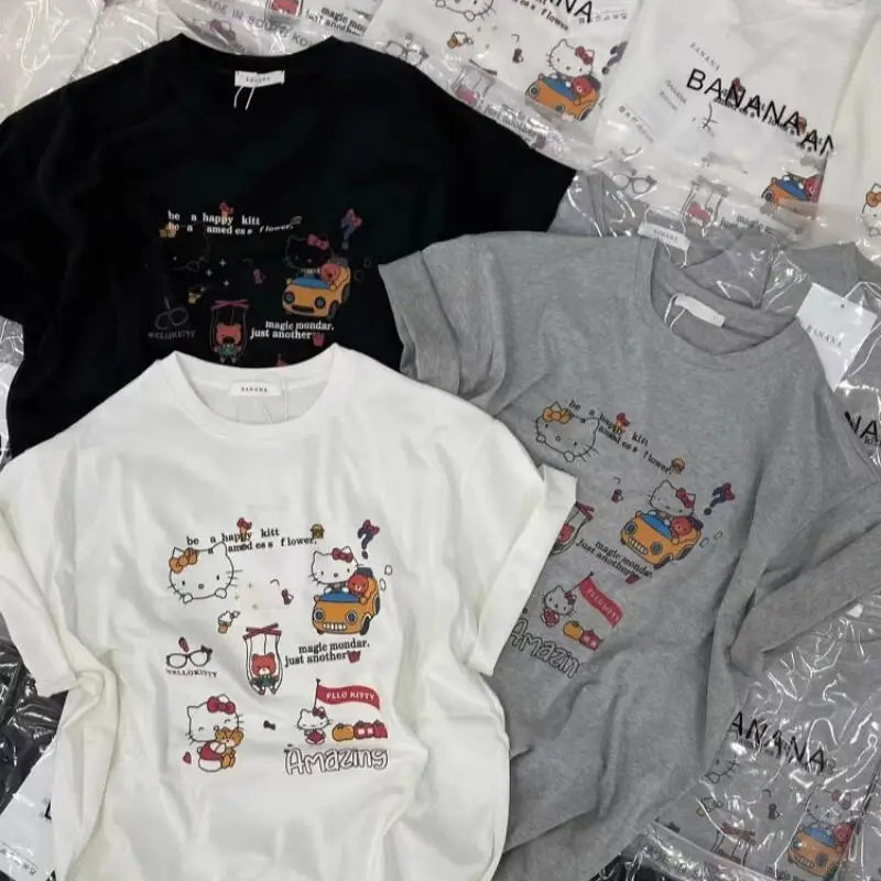 2026 Summer Women's T-Shirt Hello Kitty Age Reduction New Loose Casual Cartoon Round Neck Short Sleeve Tops Cute Versatile Print