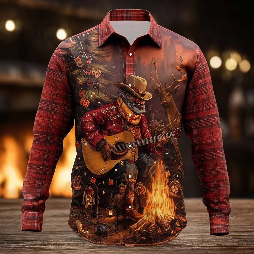 Vintage Santa Claus and Guitar Print Shirts For Men Christmas Style Long Sleeve Shirt Daily Casual Men Clothes Trendy Streetwear