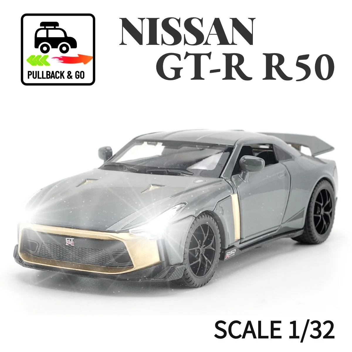 

Scale 1:32 Nissan GT-R R50 Pullback Car Toy with Lights Engine Sound, Metal Diecast Car Audi Mclaren Model Gift Kid Boy Toy