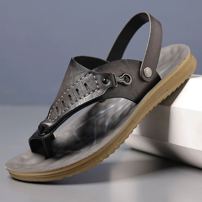 

High End Men Leather Thong Sandals Summer Anti Slip Comfortable Casual Outdoor Beach Slippers For Men