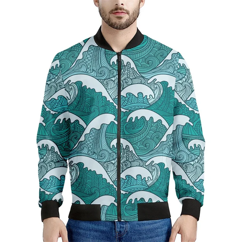 Vintage Ocean Wave 3d Printed Jackets Men Clothes Spring Loose Sweatshirt Cool Casual Bomber Zipper Jacket Streetwear Tops Coat