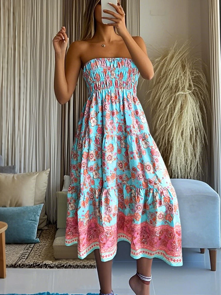 Vestido sin tirantes con estampado de flores estilo playero de verano, vestidos elegantes sin espalda, falda informal con cintura elástica, dos formas de usar 8032