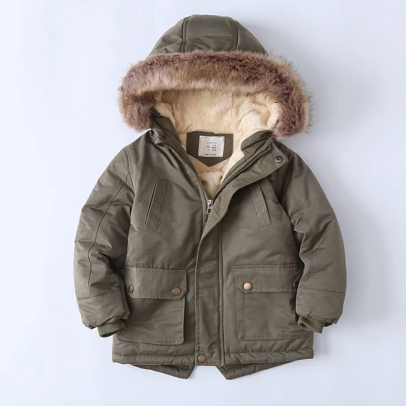 3-12 Years Winter Warm Boys Jacket Big Fur Collar Padded Linning With Velvet Thick Hooded Heavy Coat For Kids Children Outerwear