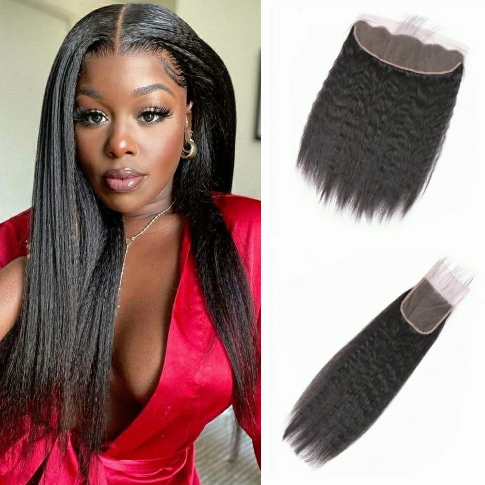 

Luxediva 13x4 Kinky Straight Lace Front Closure Pre Plucked With Baby Hair Yaki Straight 4x4 Closure Remy Human Hair For Women