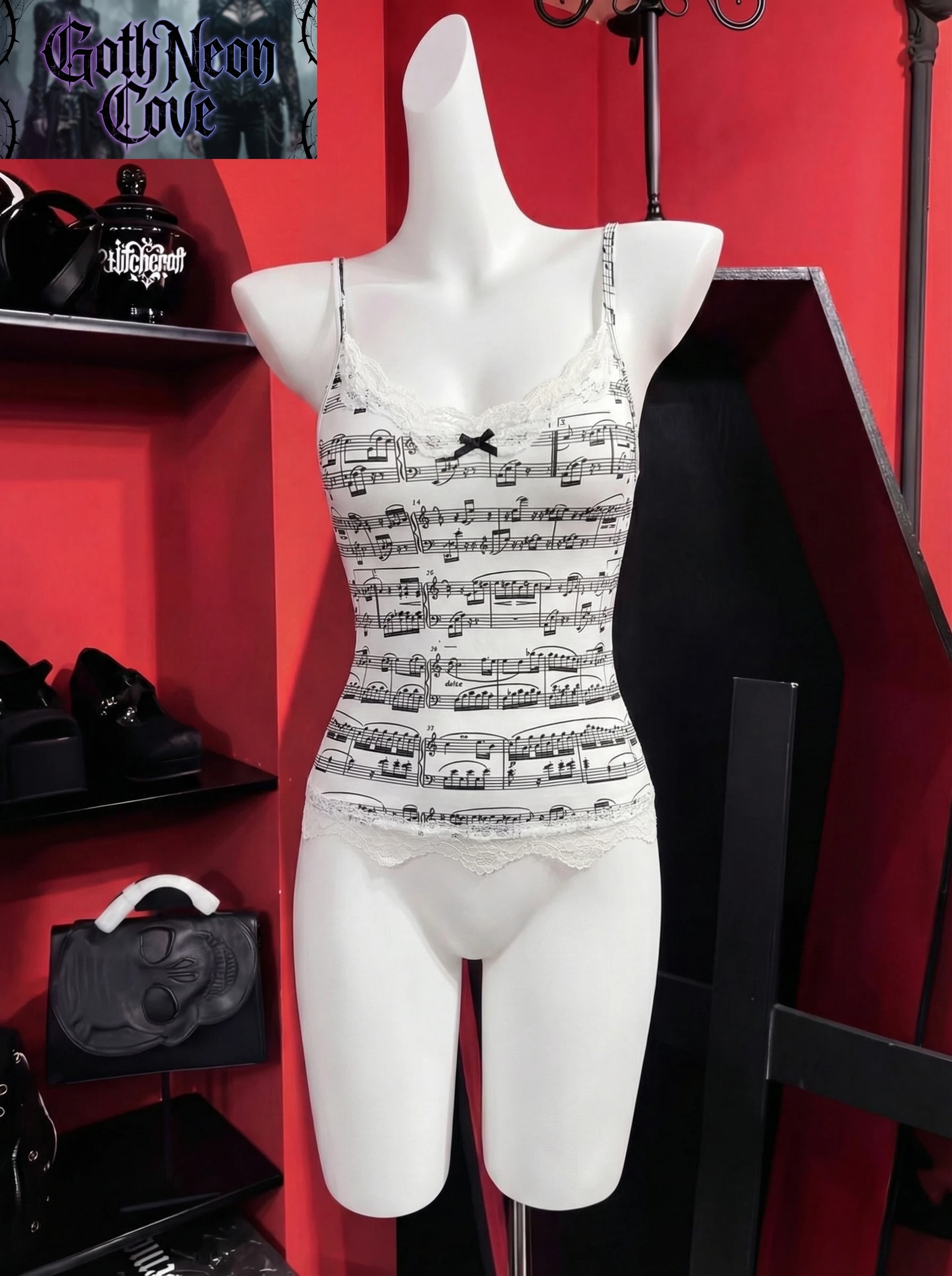 

Summer American Fashion Design Slim Vest Women's Music Element Piano Print Spaghetti Strap Vest Lace Y2K Subculture Sexy Top