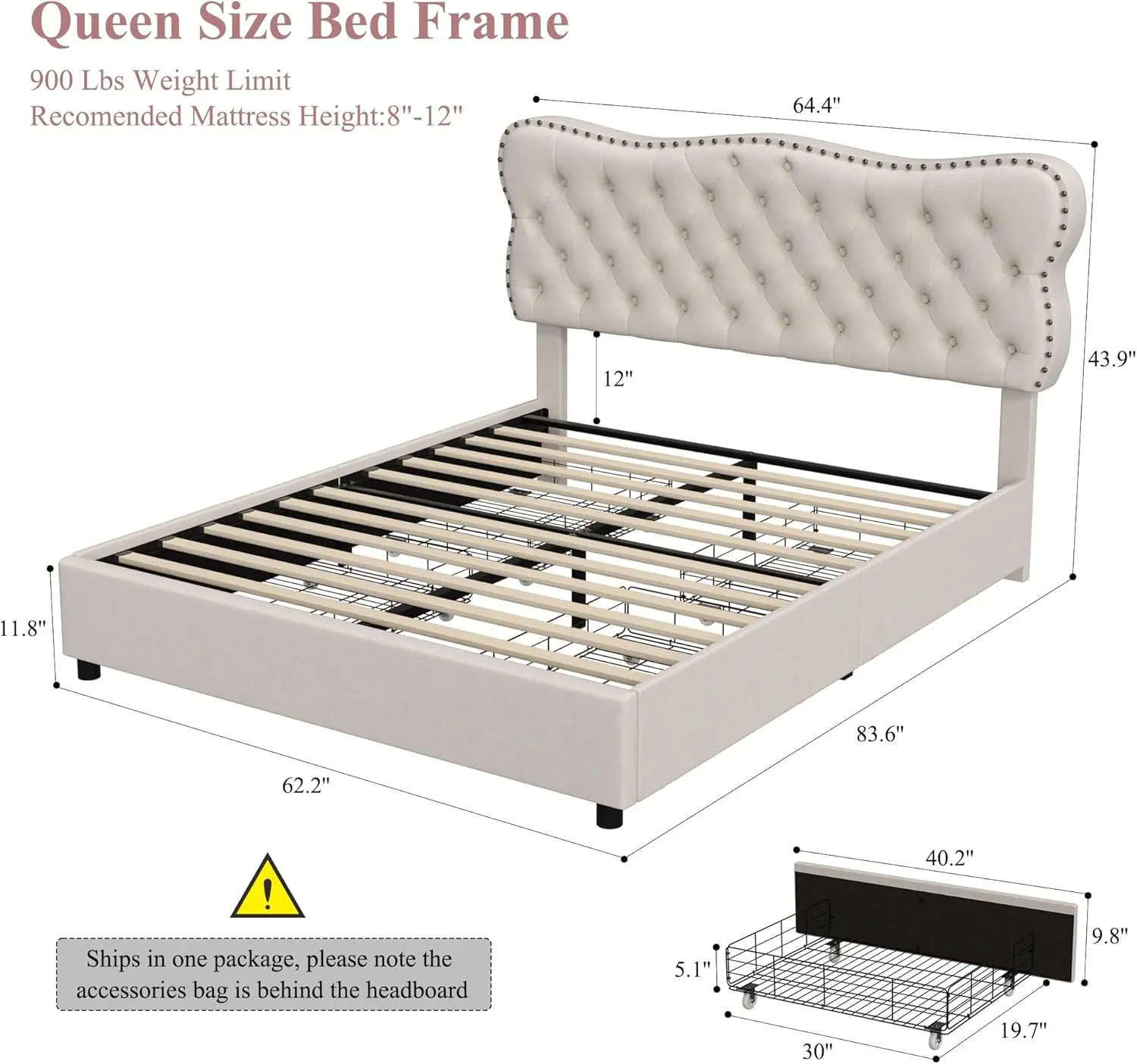 Каркас кровати размера «queen-size» с 4 ящиками для хранения, каркас с мягкой платформой и узголовьем с пуговицами, основа для матраса для тяжелых условий эксплуатации