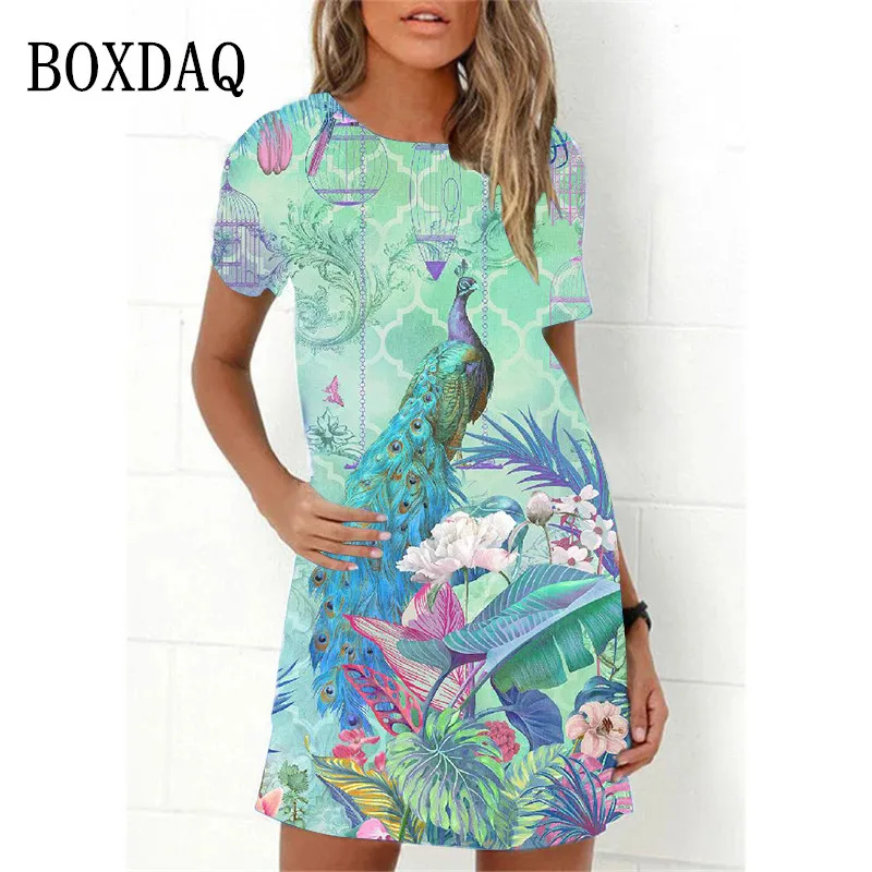 

Summer Plant Flowers Peacock 3D Print Women Dress Elegant Short Sleeve A-Line Dress 2023 Oversized Casual Party Clothing Vestido