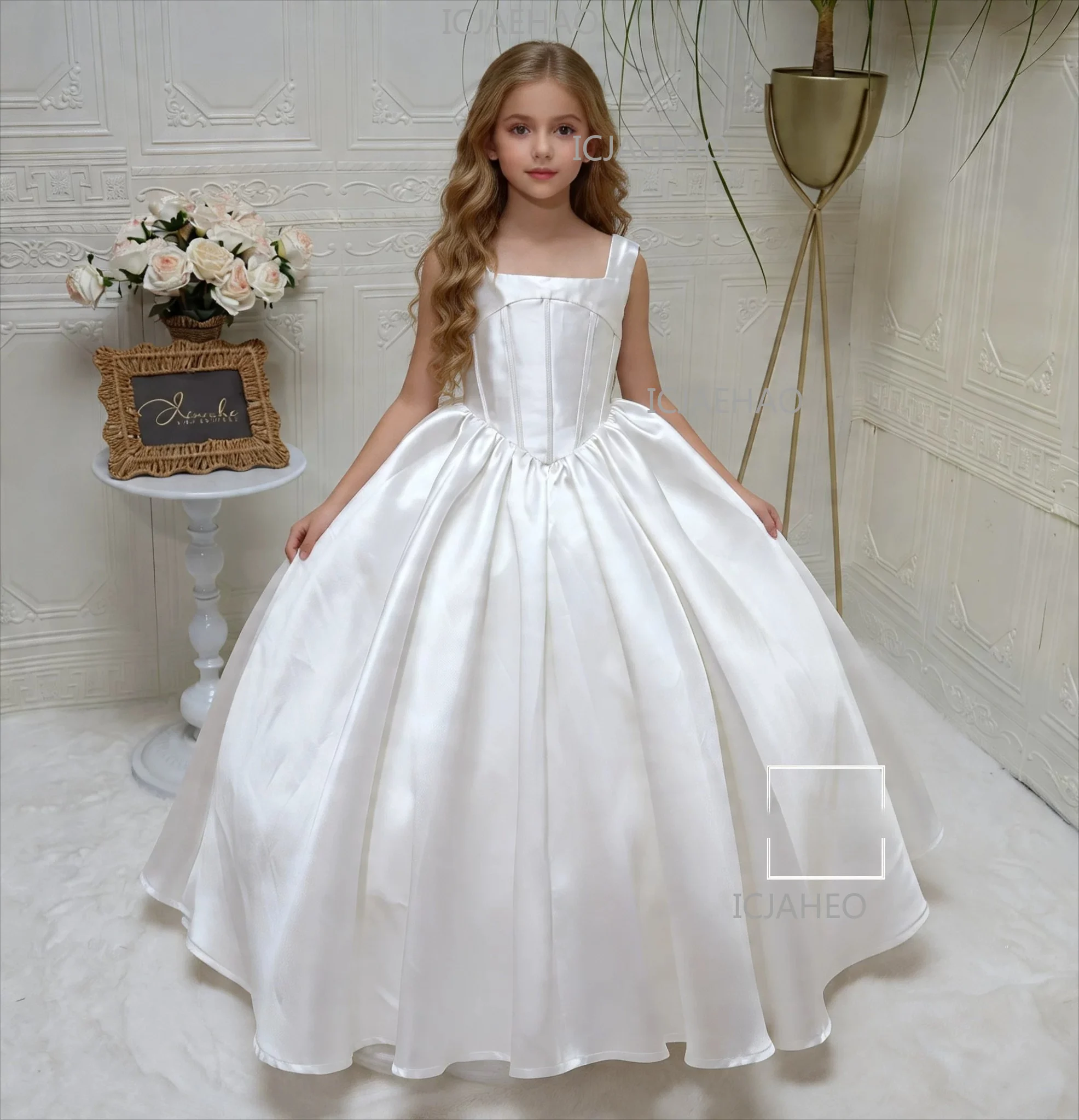 Girls Spaghetti Strap Dress, Waist-Cinched Maxi Formal Dress Birthday Dress Children Long Gown, Elegant Photo Shoot White New - view 6