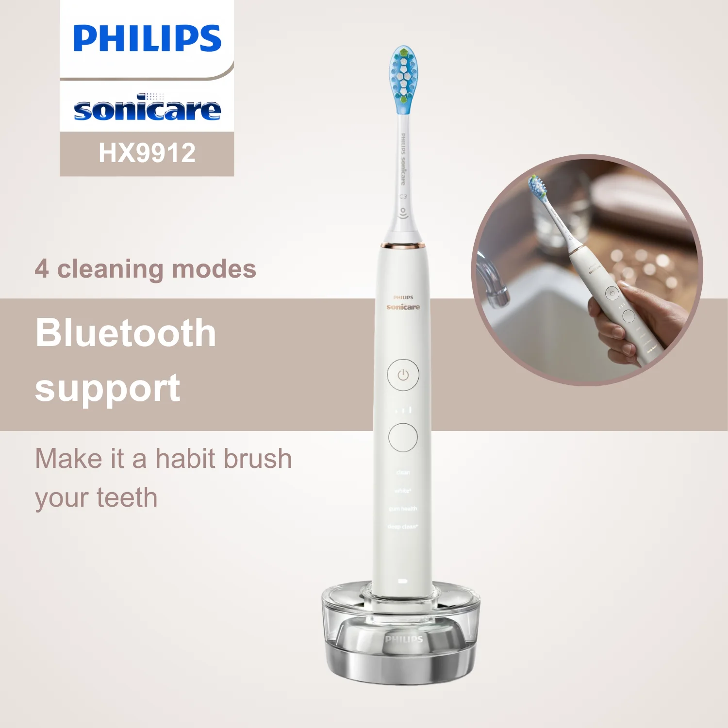 

Philips Sonicare Electric Toothbrush 9000 Series HX9912, Bluetooth Connectivity, 4 Modes with Pressure Light