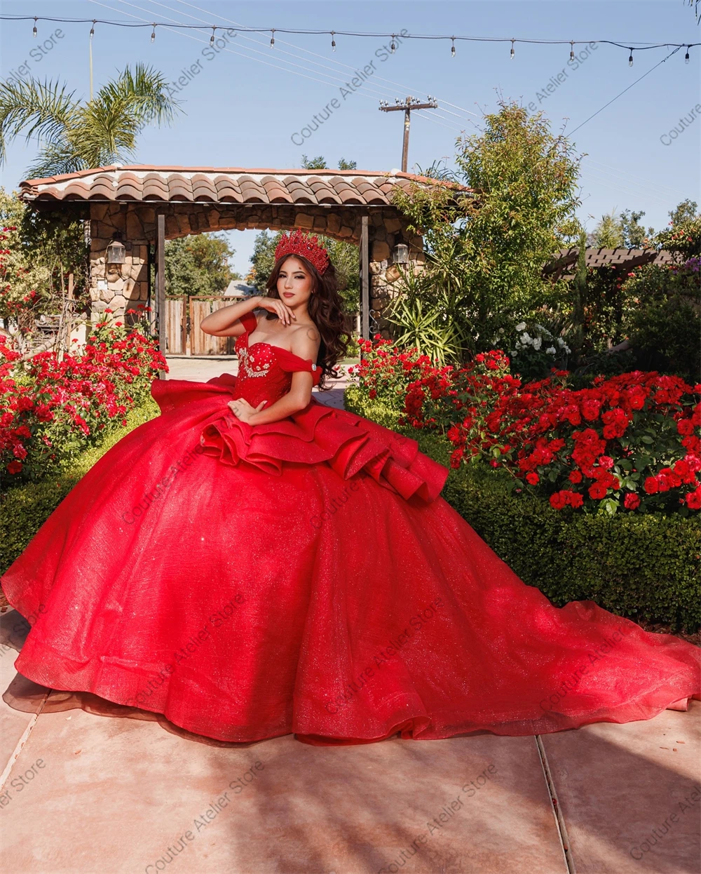 Mexico Red Off The Shoulder Quinceanera Dresses Beaded Crystal Ruffles Ball Gown 2024 Birthday Luxury Dress vestidos de gala