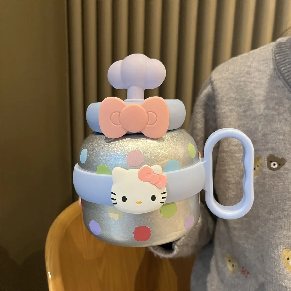 Miniso Hello Kitty Thermos Cup Cute 700ml Large Capacity Portable Handle Straw Cup Fashion Mug Cartoon Child Stainless Cup Gift