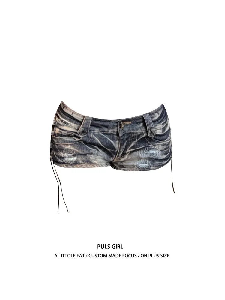 

Low Waist Denim Shorts Women's Summer New Style American Hot Girl Washed out Faded Strap Tie Jeans Shorts Trendy Pear Shape