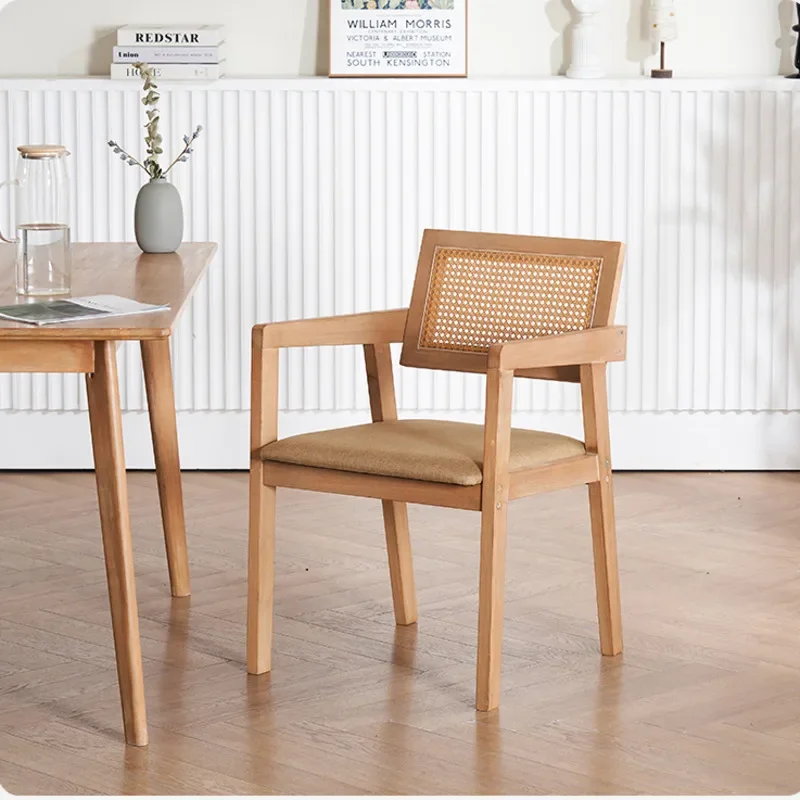 Nordic Solid Wood Dining Chairs, Vine Weaving Restaurant Stools, Comfortable Soft Bag, Armhair Supports 150kg Kitchen Furniture