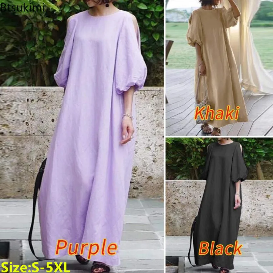 

New Women's Solid Cotton Linen Long Dresses Fashion Lantern Half-sleeved Off-shoulder Elegant Maxi Dress Females Casual Vestidos