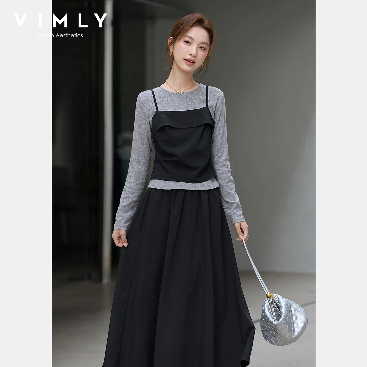 

VIMLY Women's Korean Three Piece Set 2026 Spring New Commute O-Neck Grey Long Sleeve Top Color Block Vest Midi Skirt Sets 30776