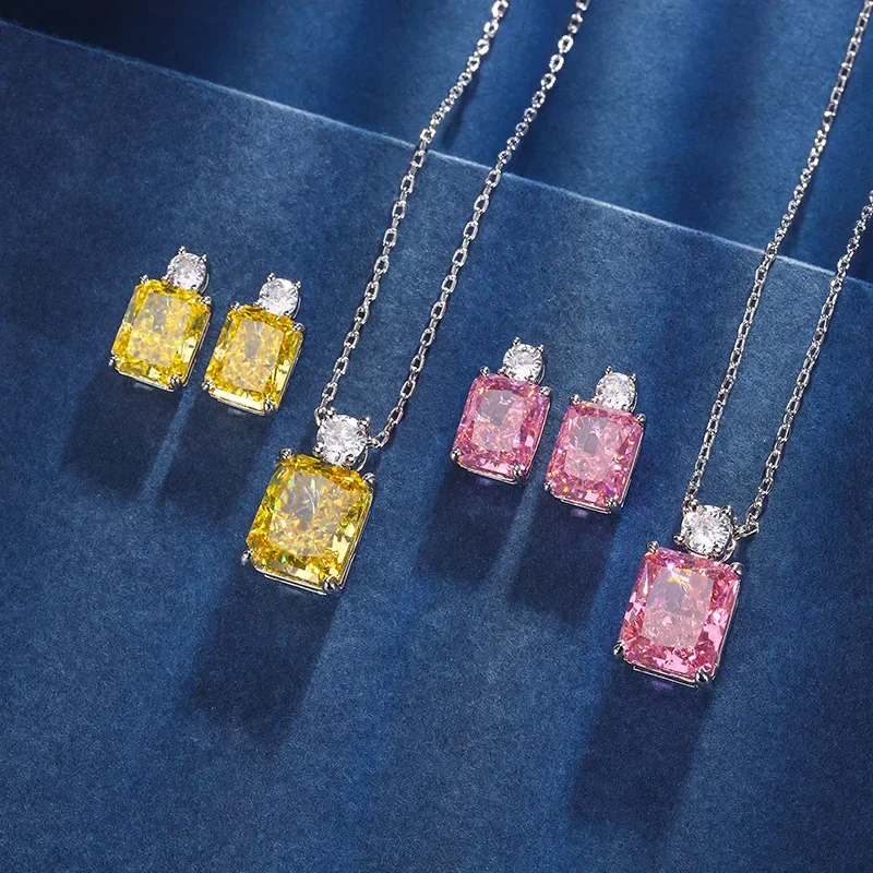 

New jewelry high carbon diamond ice flower cut S925 silver plated 18K gold inlaid sugar cube women's set 10*12-8*10