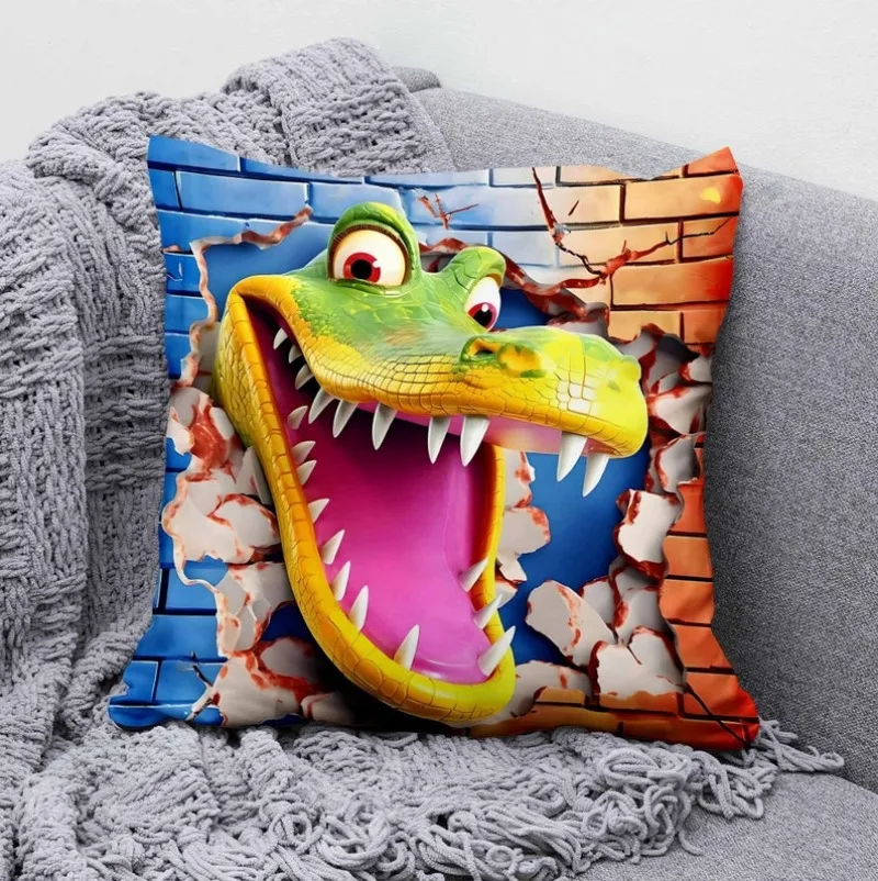 Crocodile Cracked Wall pillowcase Animal Cushion Smashed Wall Home Decor Boys Birthday Gift For Son Funny Pillow Graffiti Wall