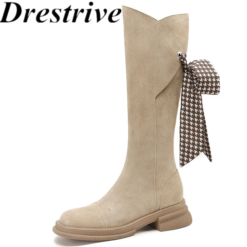 

Drestrive Classic Knee High Women Shoes Thick Mid Heels Faux Suede Butterfly Knot Zipper Platform Round Toe Winter Boots