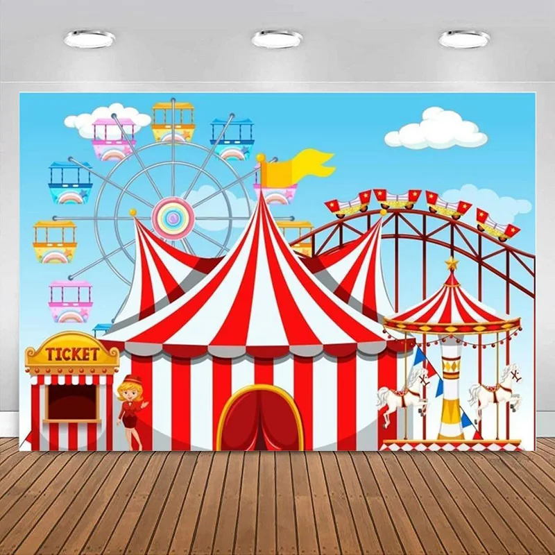 

Circus Tent Backdrop Ferris Wheel Carousel Roller Coaster Photography Background Birthday Party Banner Baby Shower Decoration