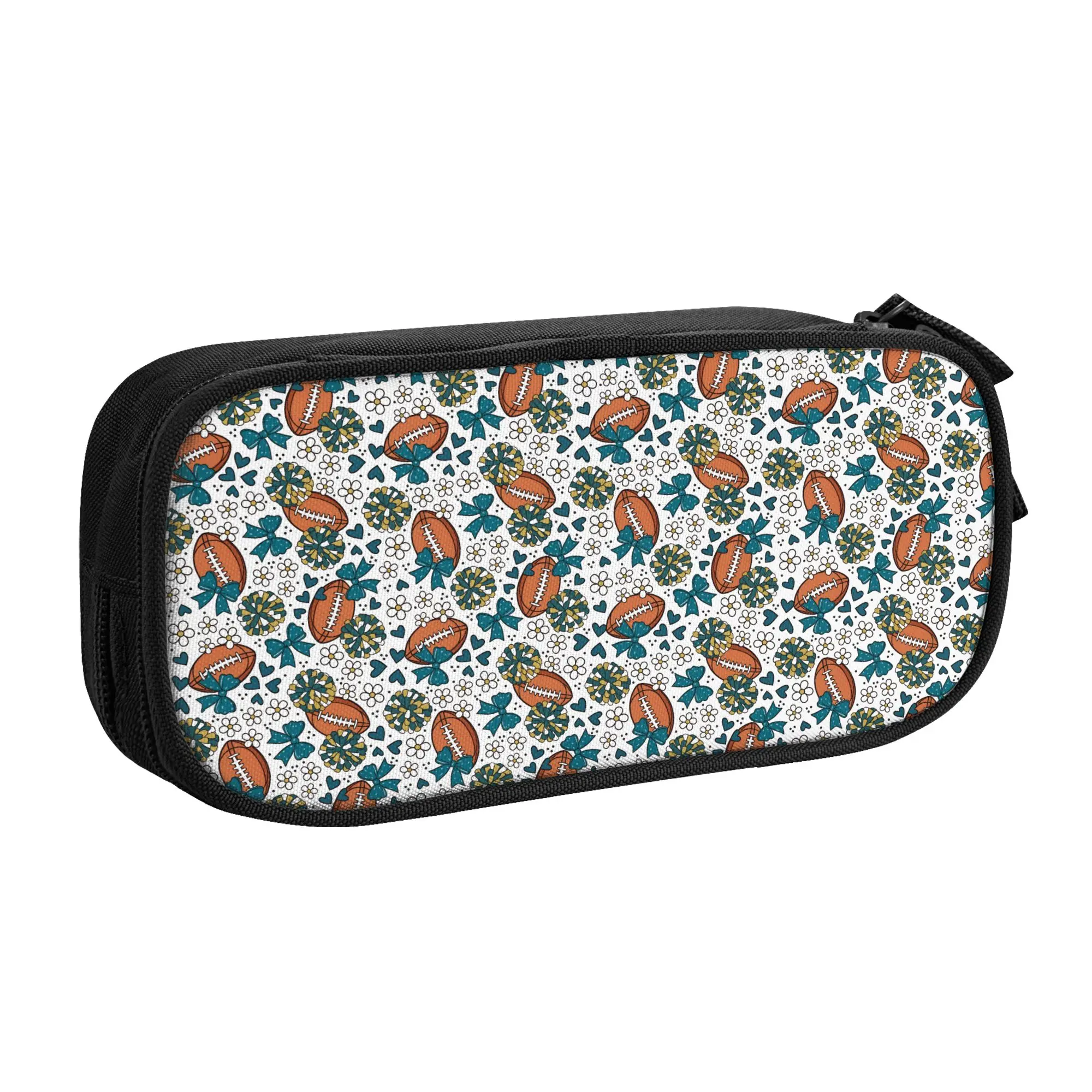 Football Teal Gold Cheer Bows  Pencil Cases for Girls Boys Big Capacity Rugby Union Cheer Bows  Pen Bag Box School Supplies