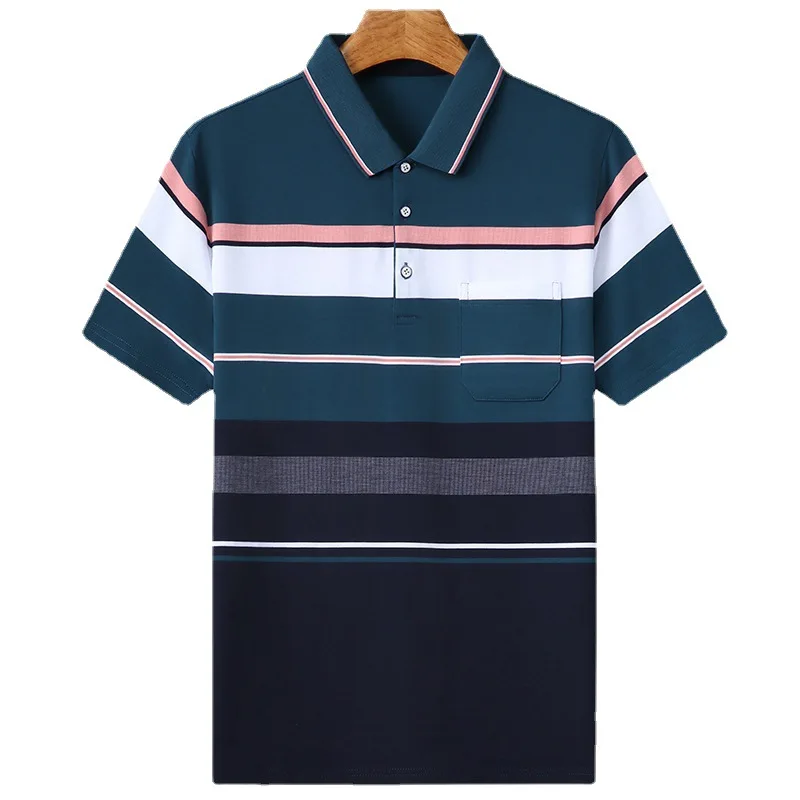 Summer New Smart Casual Korean Thin Short Sleeve Polo Shirts Men Panelled Lapel Button Patchwork Print Stripes Fashion Loose Top