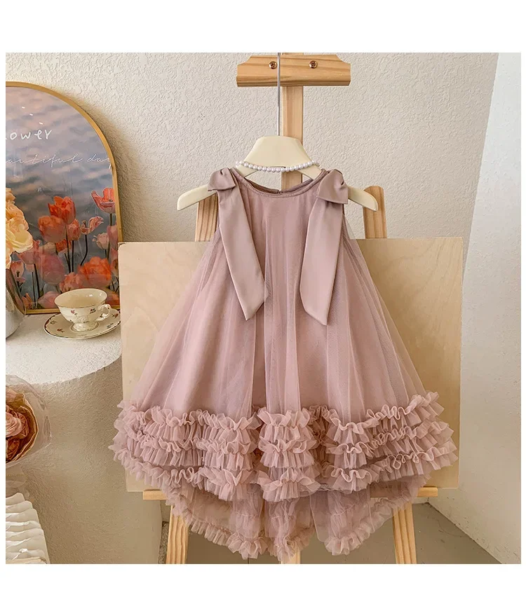 2025 Summer Korean Edition Girls New Sleeveless Bow Solid Color Sweet and Gentle Princess Dress Childrens Trend