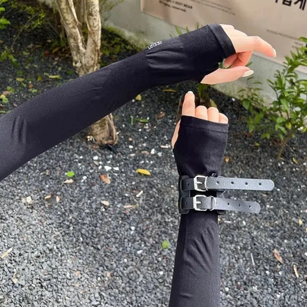 長袖グローブゴシックパンクブラックアームカバースパンデックス弾性 Y2K PU リストバンドクールヒップホップロングカフ保護屋外