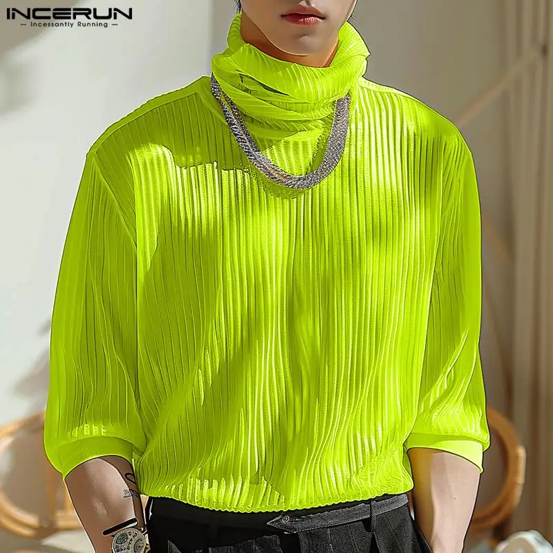 INCERUN Men T Shirt Solid Color Turtleneck 3/4 Sleeve Streetwear Casual Male Tee Tops 2024 Pleated Fashion Leisure Men Clothing