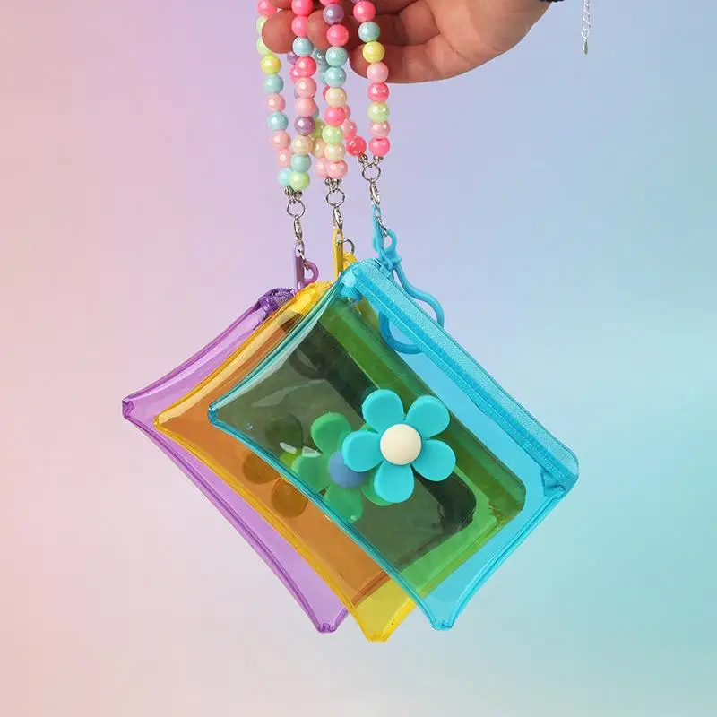 Trendy Colorful Flower Bead PVC Small Coin Purse with Zipper for