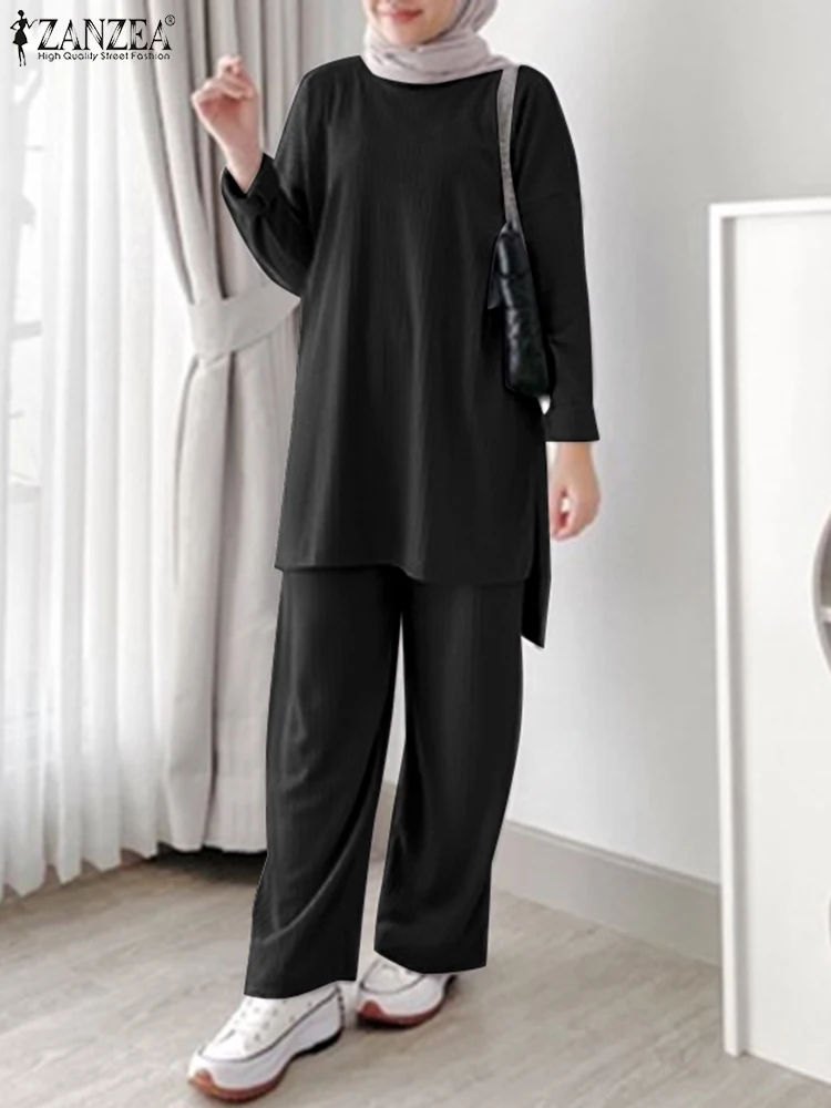 ZANZEA Muslim Suits Islamic Clothing Casual Long Sleeve Blouse Pants Sets Summer Tracksuits 2PCS Women Elegant Matching Sets