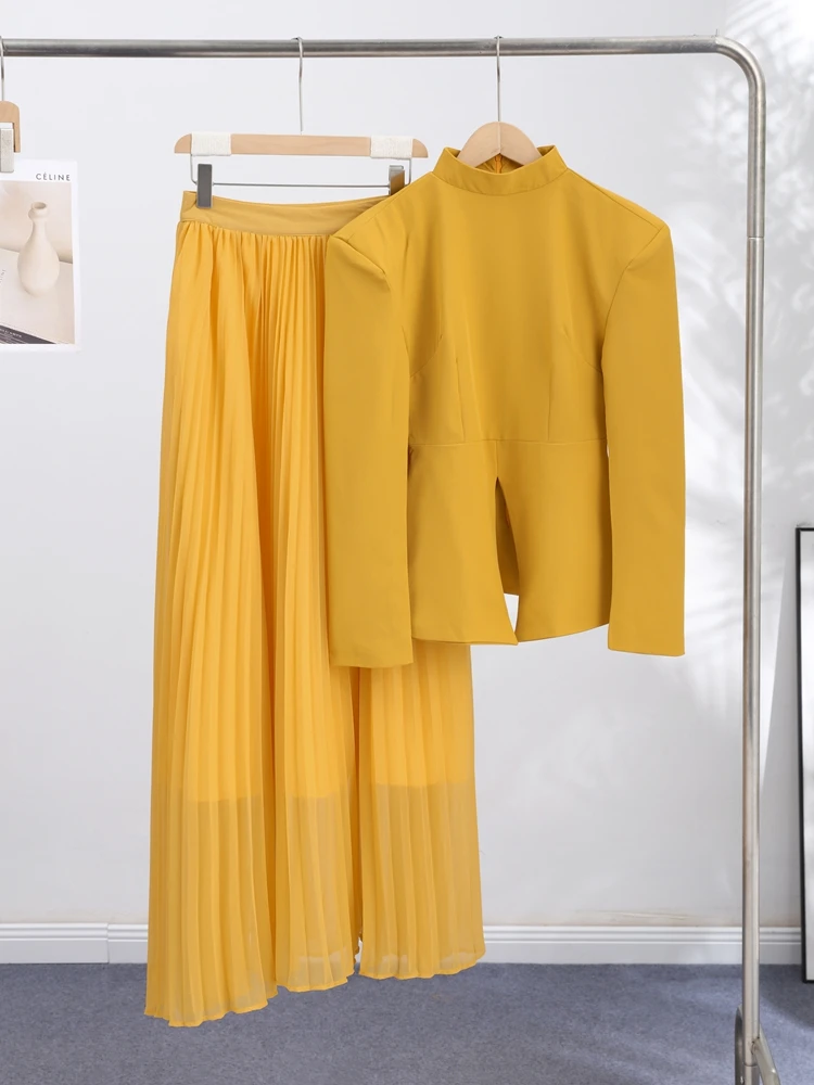 Elegant Solid Women's Blazer Skirts Suit Split Coats Chiffon Skirt Lady Set 2026 Summer Autumn 2 Pieces Set Women Outfits New